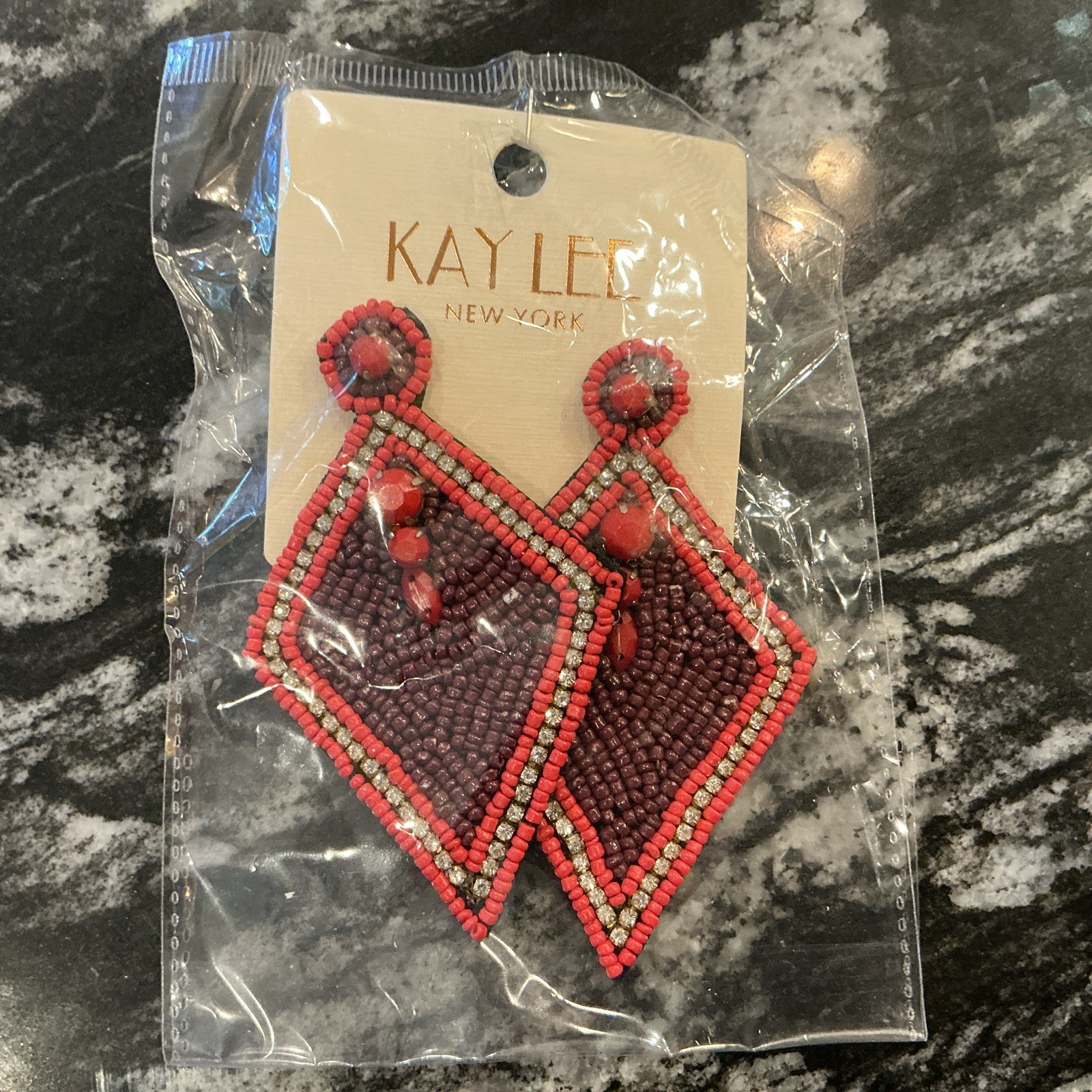 Kay Lee New York Earrings Bead Boho Diamond Shape Drop Dangle Statement NWT