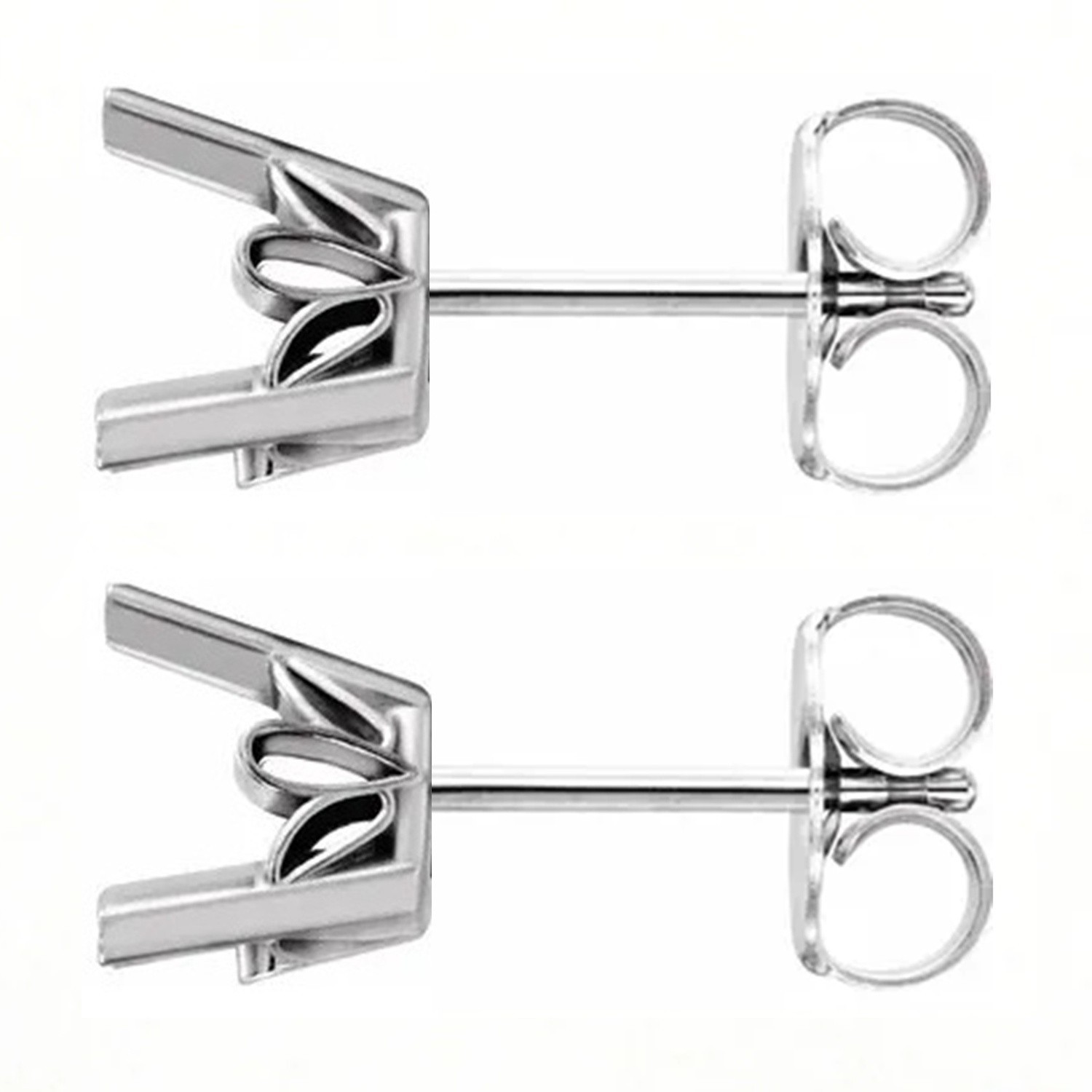 Trillion Cut Earring Mountings 14K White Gold 3 Prong Scroll Friction Back -Pair