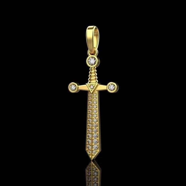1.50Ct Round Cut Lab Created Diamond Unisex Sword Pendant 14K Yellow Gold Plated