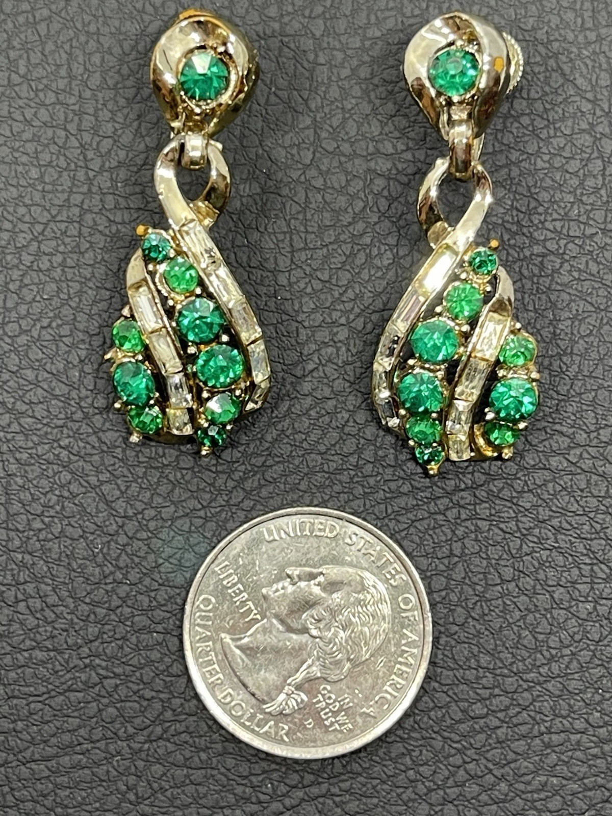 Coro Iconic MCM Channel Set Baguette Green White Rhinestone Screw back Earrings