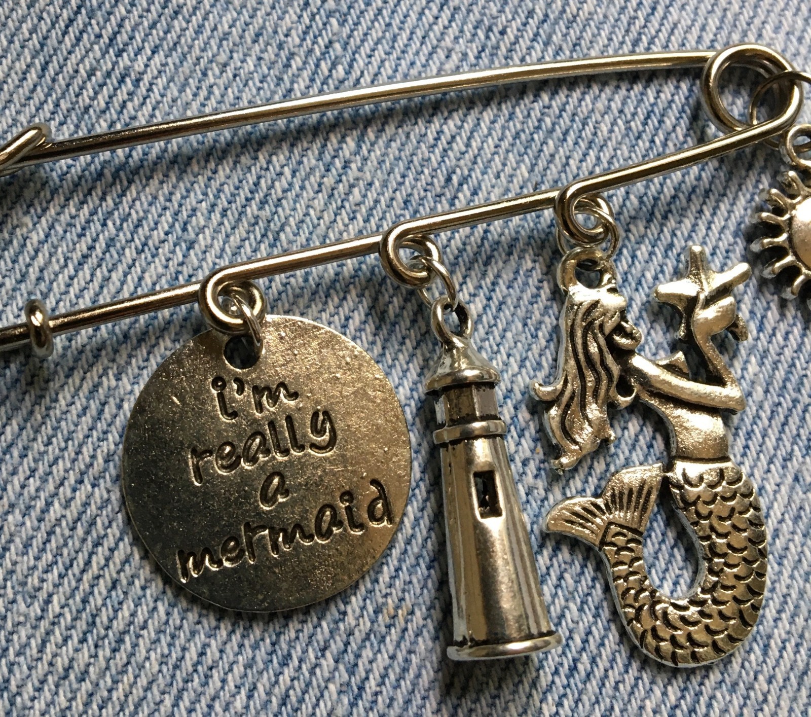 3″ BIG SAFETY PIN w/ BEACH THEME CHARMS – Hanging Lighthouse Mermaid ++