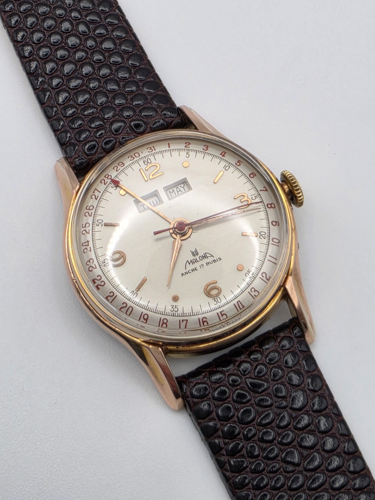 Vintage Swiss Triple Calendar Manual Wind Watch Malona 17J 40’s excellent