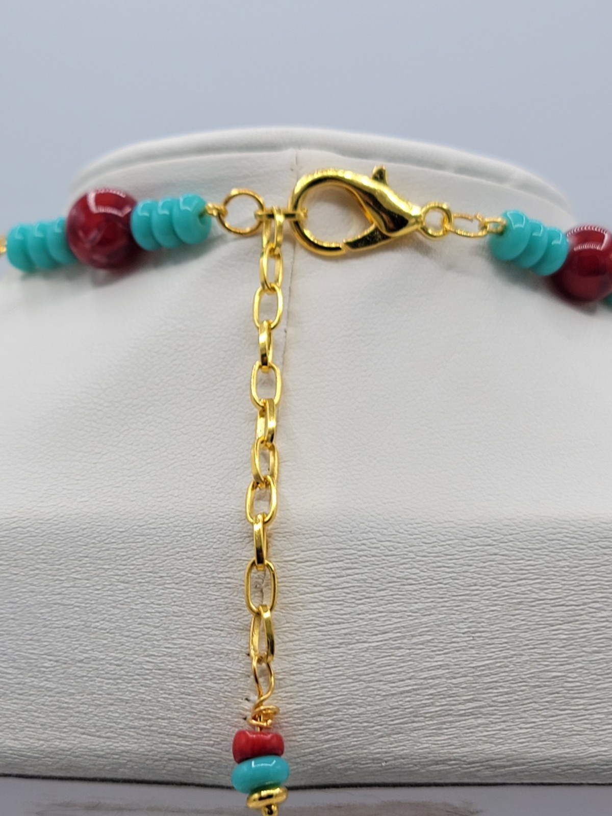 Red Turquoise Black Gold Beaded Necklace Fish Charm Pendant Lobster Clasp