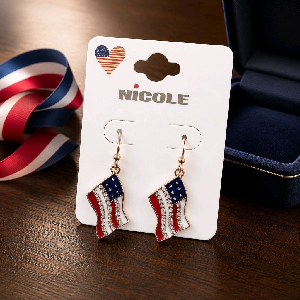American Flag Dangle Earrings Rhinestone Enamel Patriotic 4th of July New USA