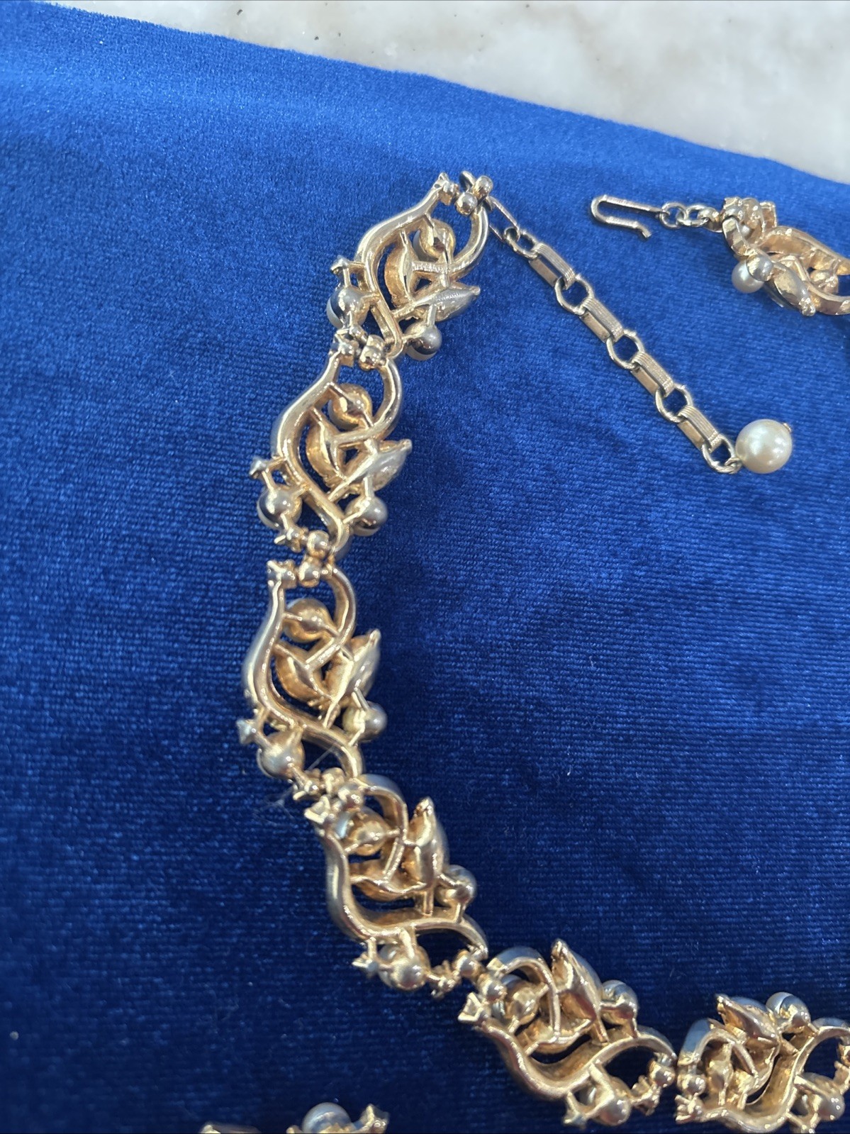 Vintage Midcentury Jewelry Set Signed Trifari. Goldtone, Faux Pearl & Rhinestone