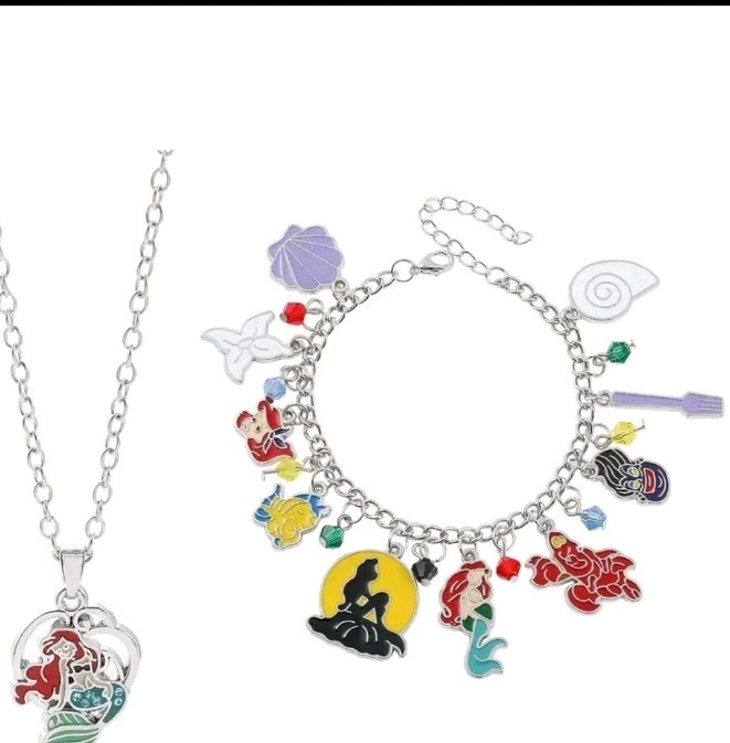 Little Mermaid Charm Bracelet And Necklace Set.Enamel Silvertone All Ages