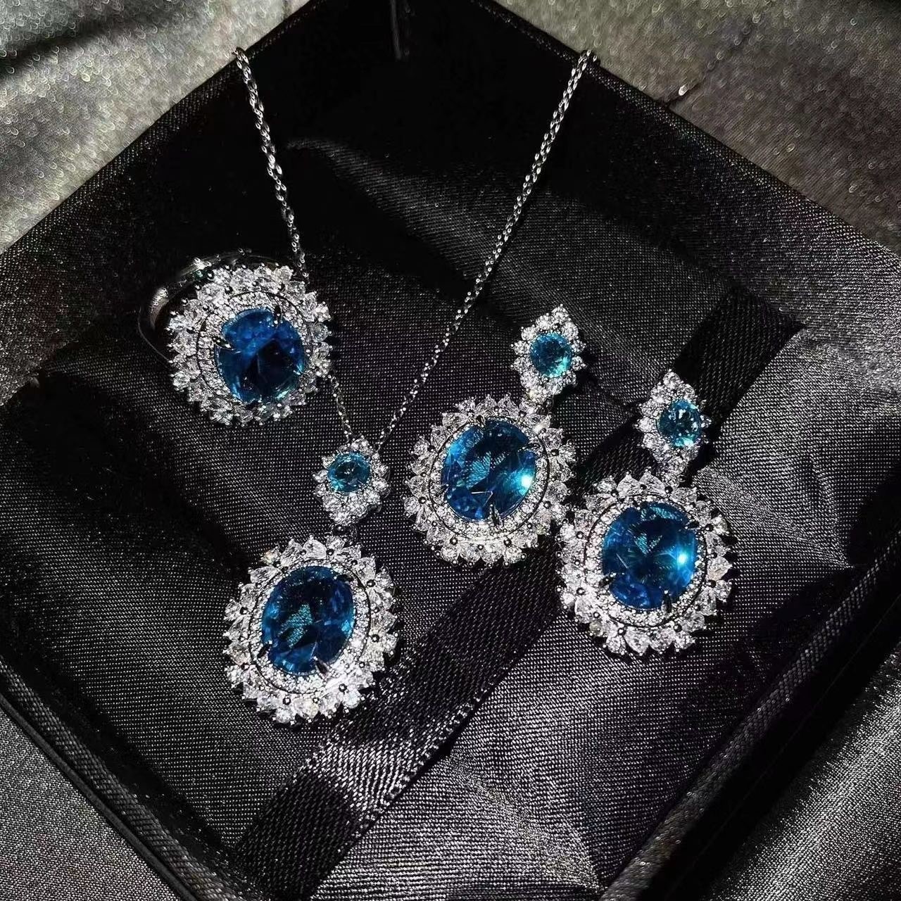 Silver Alloy 3Pcs Jewelry Set Blue Zirconia Halo Necklace Drop Earrings Ring