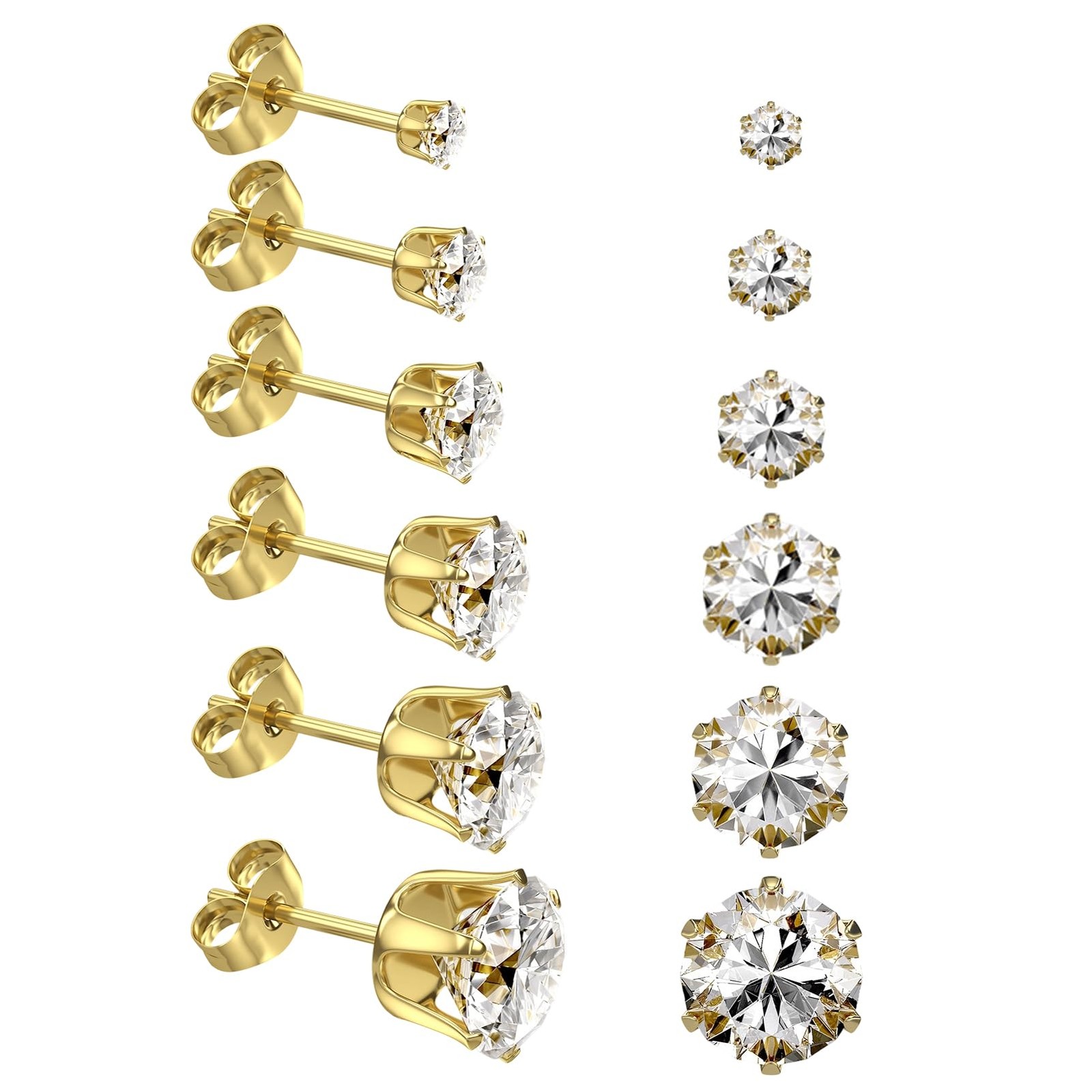 6 Pairs Stainless Steel Stud 3mm, 4mm, 5mm, 6mm, 7mm, 8mm, Glod-6Pairs