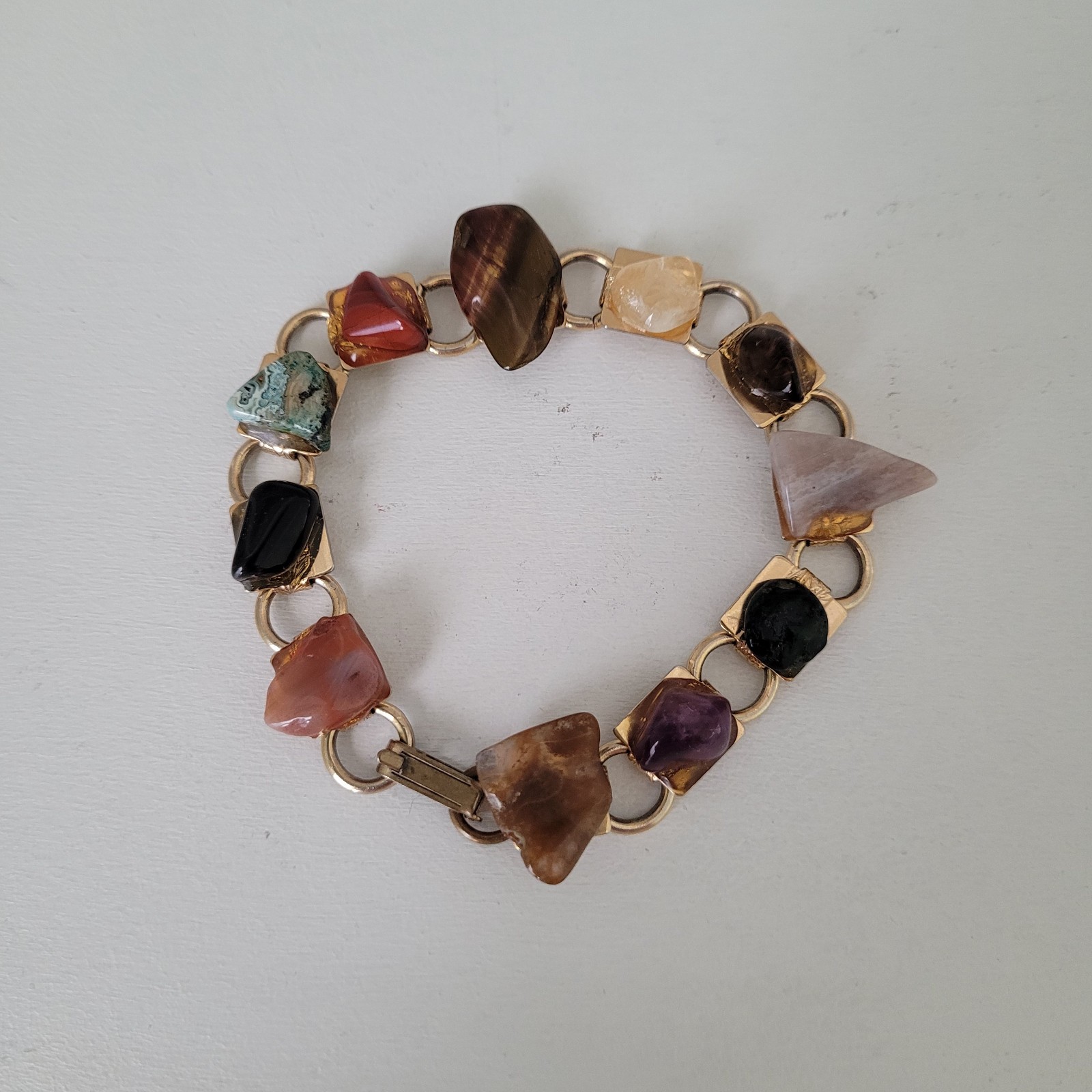 Vintage Gold-Tone Link Bracelet with Polished, Multi-Colored Natural Stones