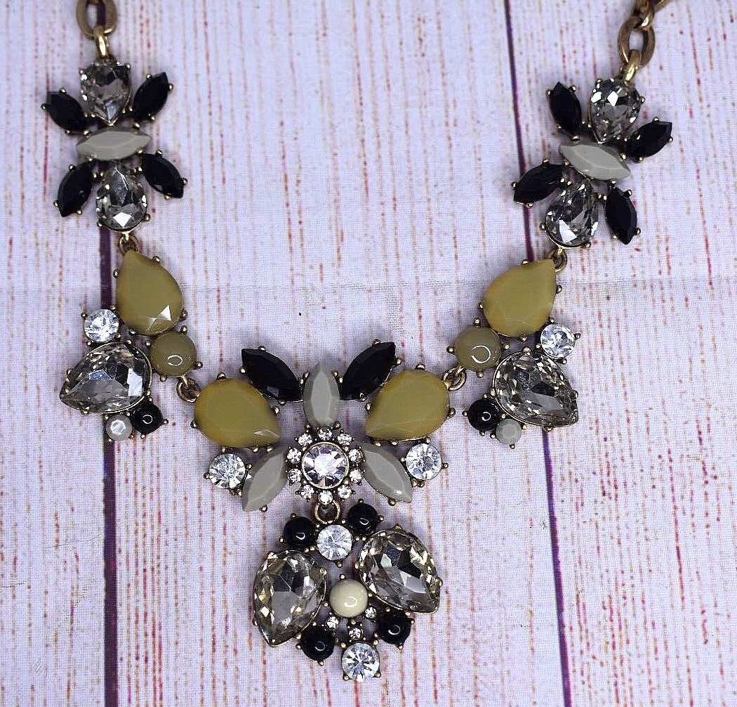 J. Crew Statement Large Rhinestone Clear Black Gold Tone Bib Necklace NEW NWT
