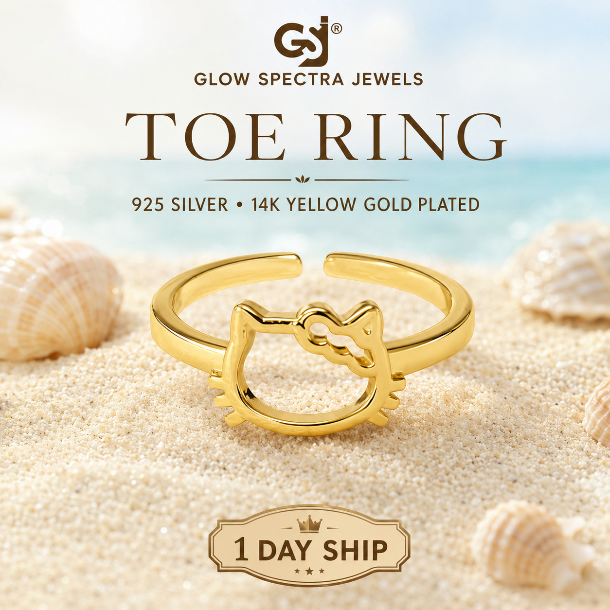 925 Sterling Silver Hello Kitty Adjustable Ring 14k Yellow Gold Plated