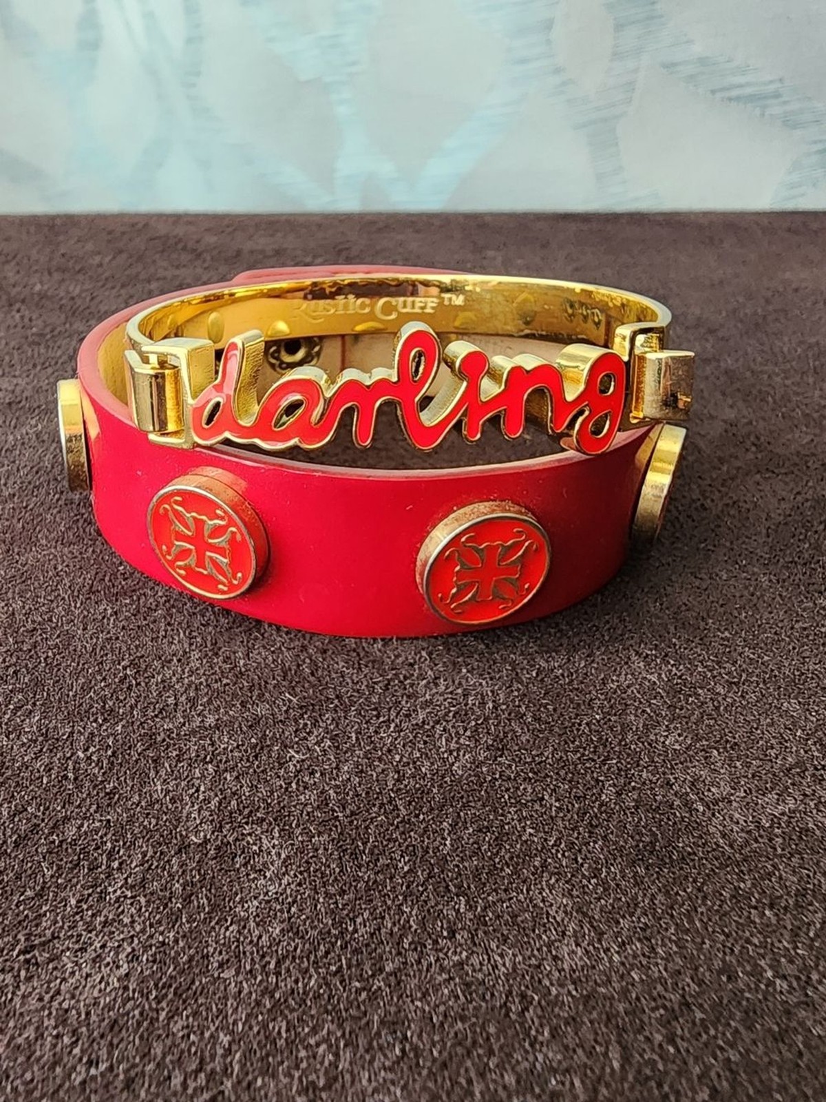 Rustic Cuff Red Medallion Cuff & Gold Darling Script Stack Set