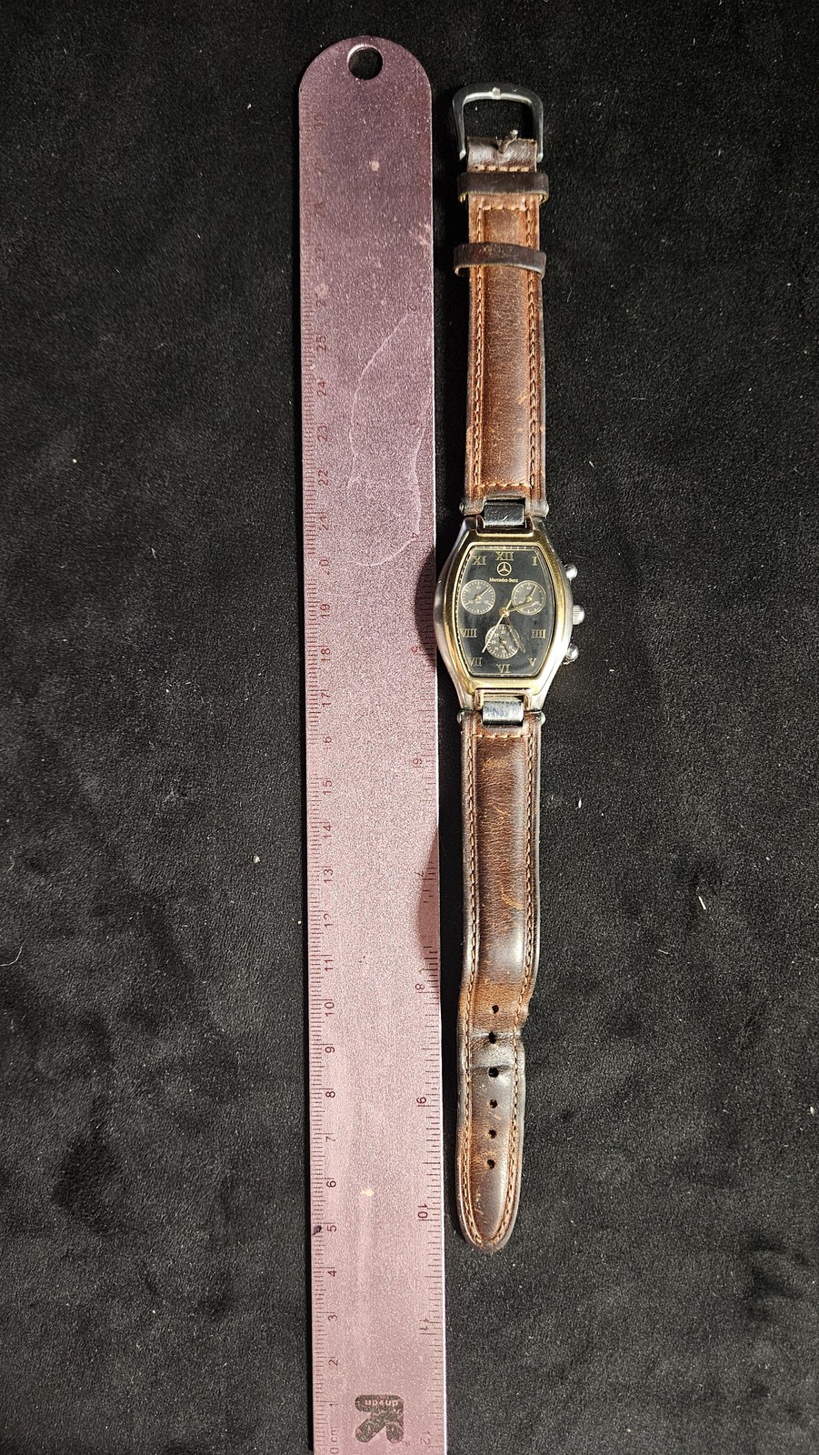 VTG Mercedes-Benz Watch Mens 34mm Black Dial Brown Leather Chronograph Date