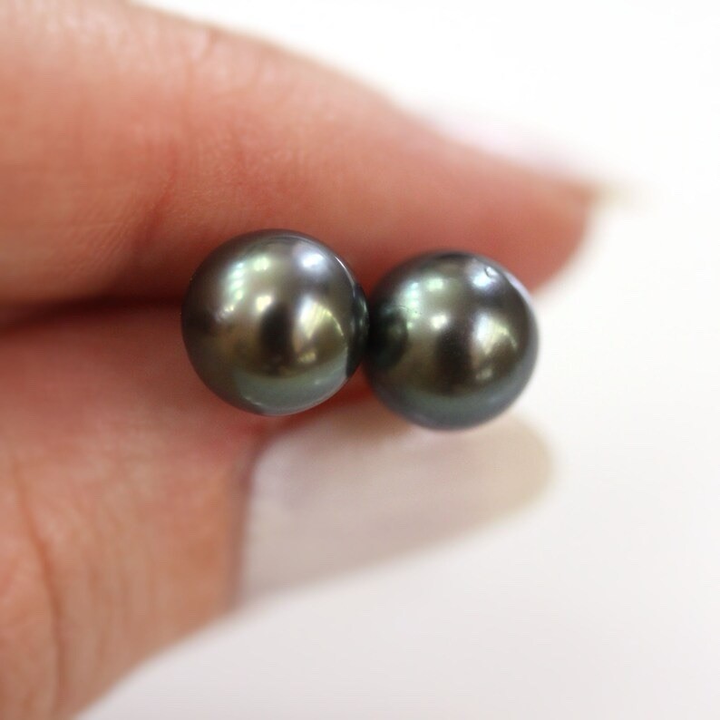 Vintage 14K Gold Tahitian Black Pearl Earrings REAL Pearl Studs 9-10mm AAA