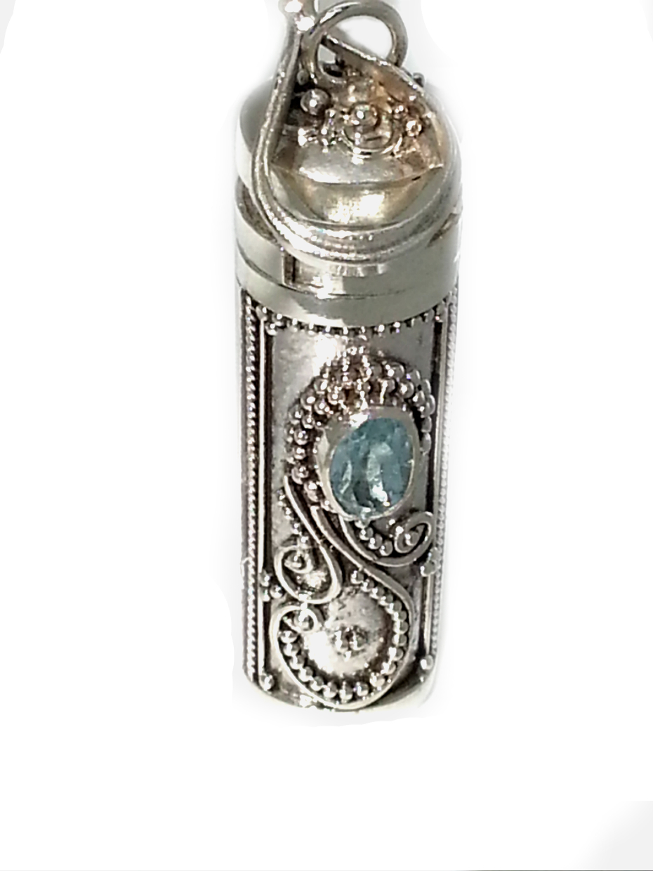 New Sterling Silver Cylinder Prayer Box Pendant with Blue Topaz 1 3/4 Inches