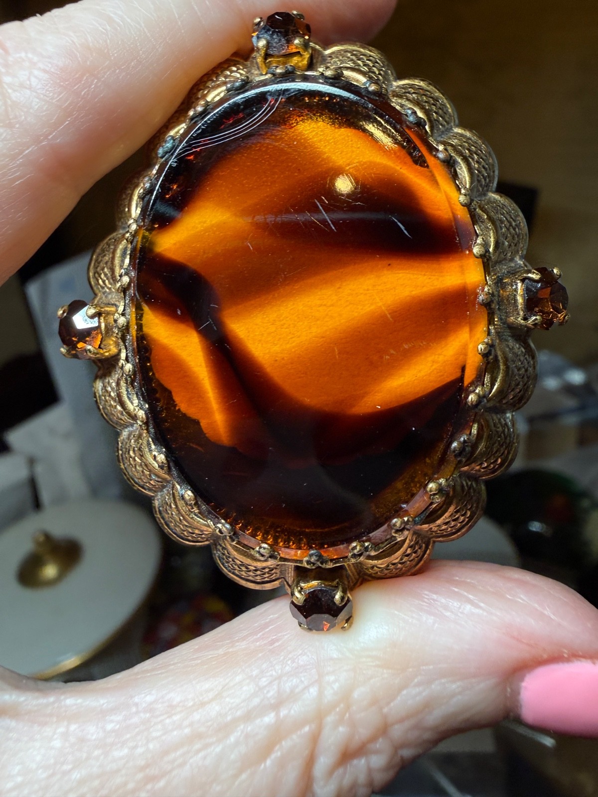 Vintage West Germany Brooch Faux Tortoiseshell Swirls Rhinestones Lucite Signed