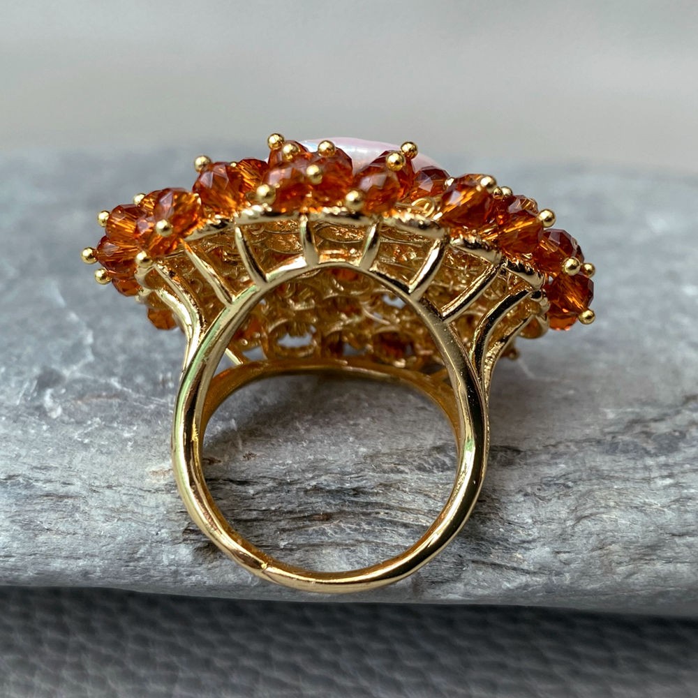 Cultured White Coin Pearl Brown Crystal Gold Plated Party Adjustable Ring