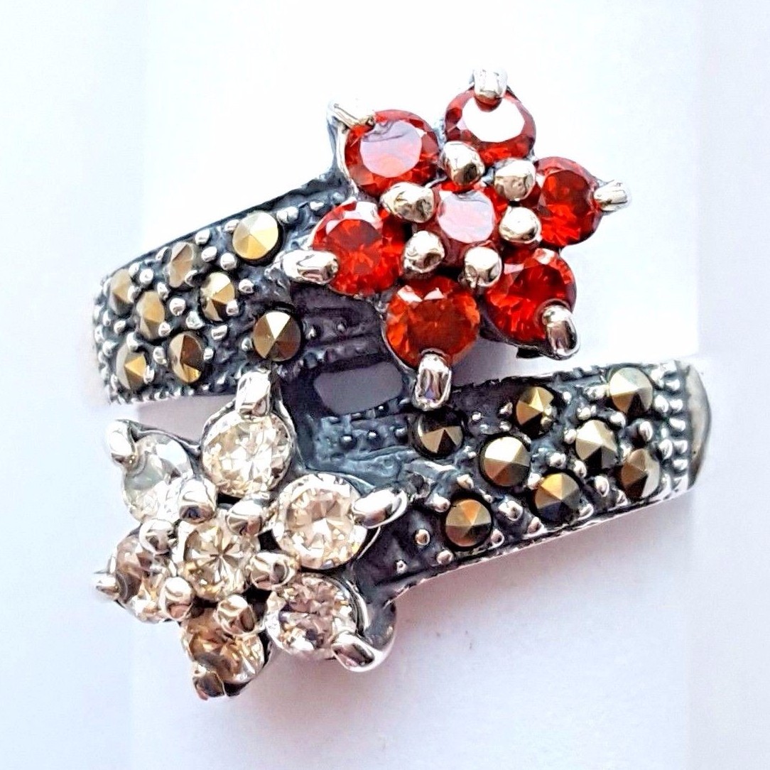 (SIZE 6,7,8,9) TWO FLOWERS RING Garnet & White CZs Marcasite 925 STERLING SILVER