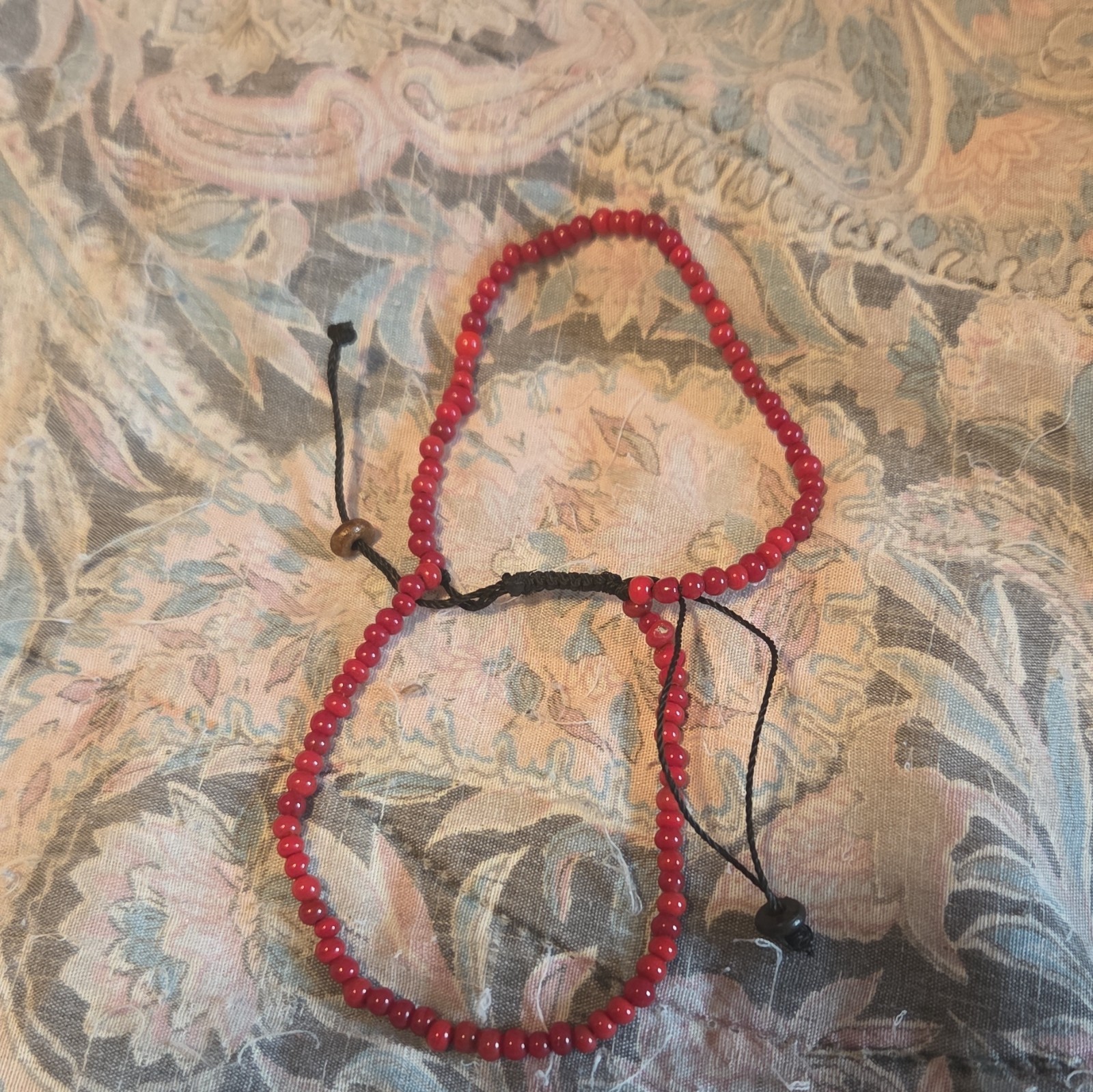 Red & Black Round Beaded Bracelet Adjustable Brown Ball/Bead Waxed String