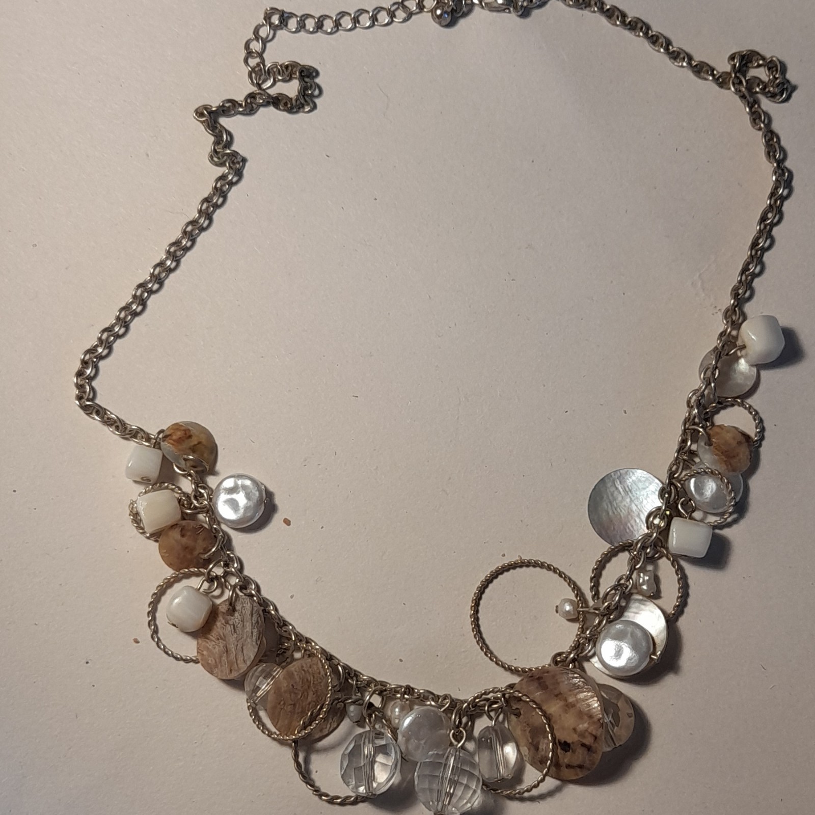 Silver Cable Chain Charm Necklace With Mixed Beads White Clear Brown Adjustable