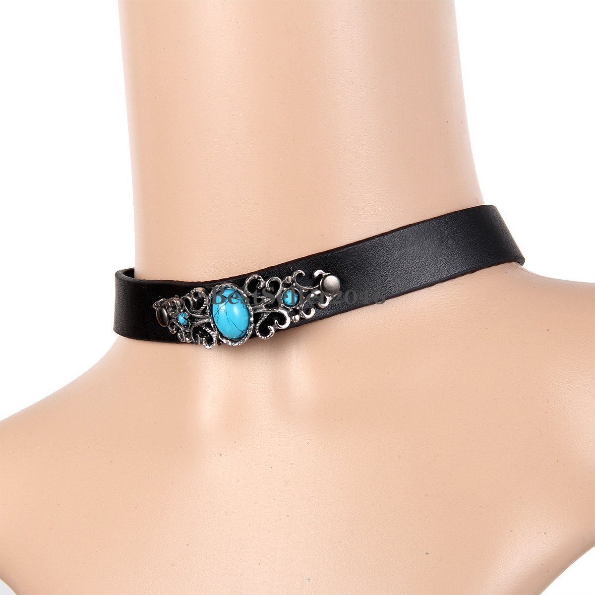 Retro Floral Oval Manmade Turquoise Black Leather Buckle Collar Choker Necklace