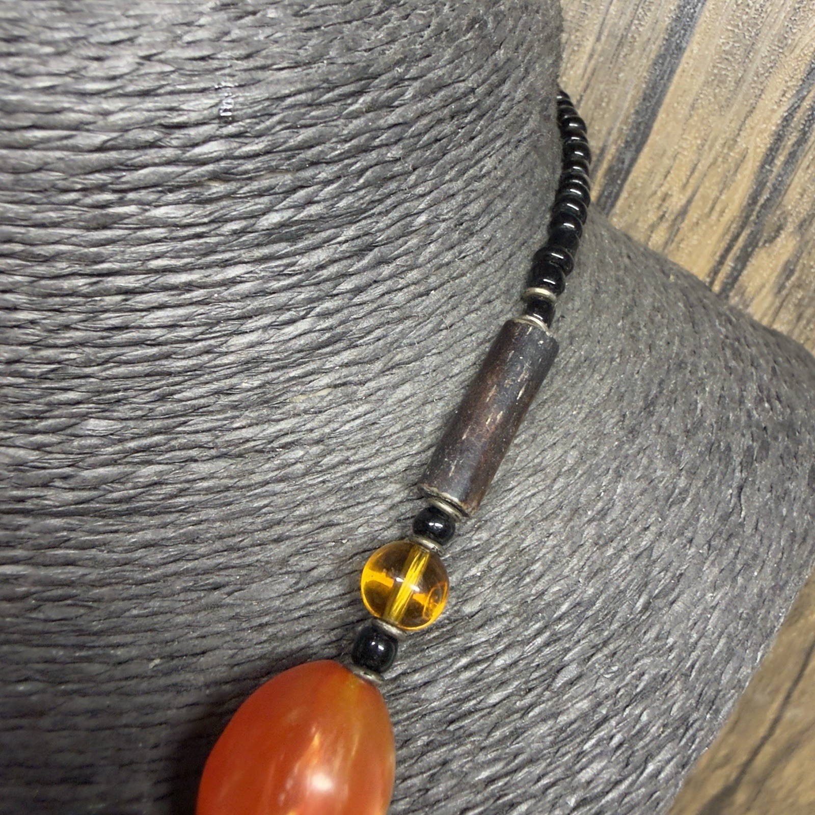 RETRO Orange Ceramic Beaded Necklace Boho Pretty Kitsch 51cm/20″ Chunky Wood
