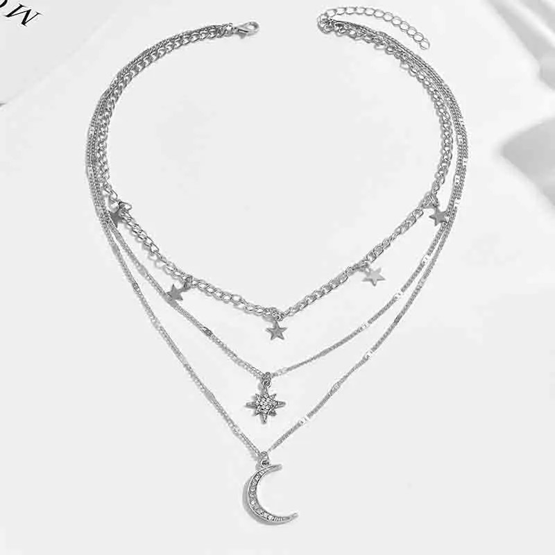 Bohemian Layered Star Moon Necklace for Women Gold Plated Chain with Rhinestone