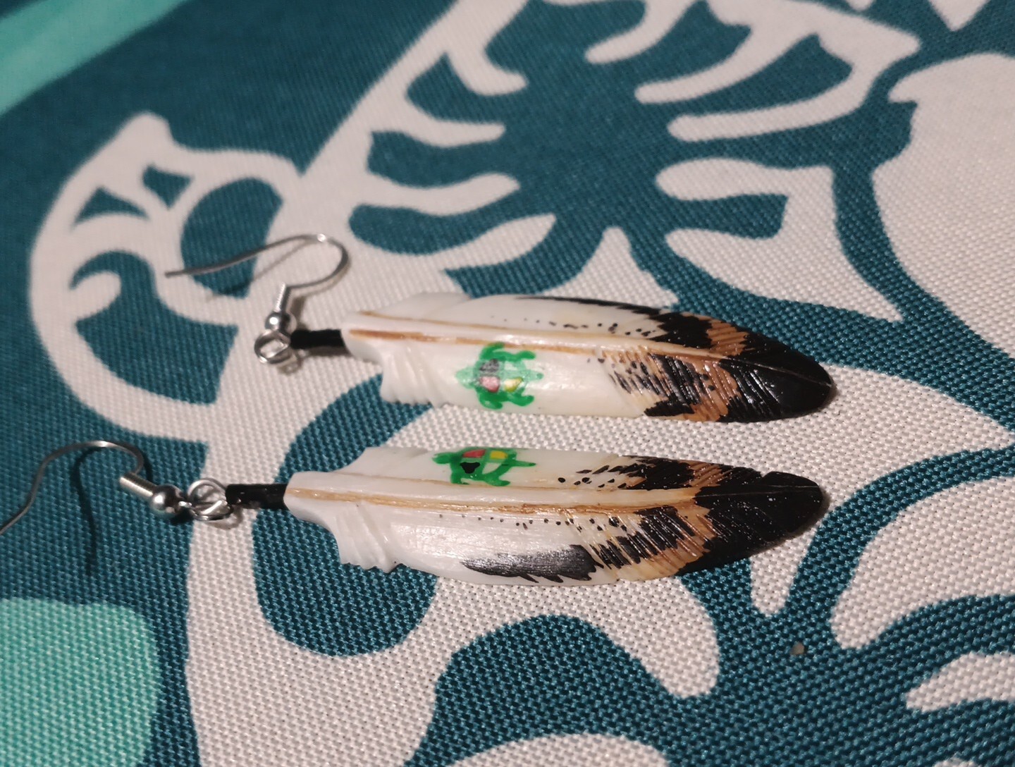 HANDMADE CARVED WATER BUFFALO BONE FEATHER EARRINGS ALASKA BONEYARD COLLECTION