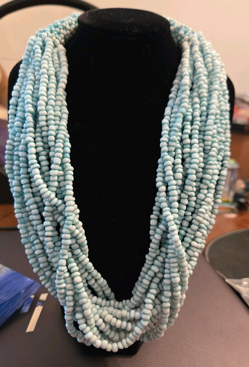 Vintage Multi Strand Light Blue Waterfall Seed Bead Statement Necklace