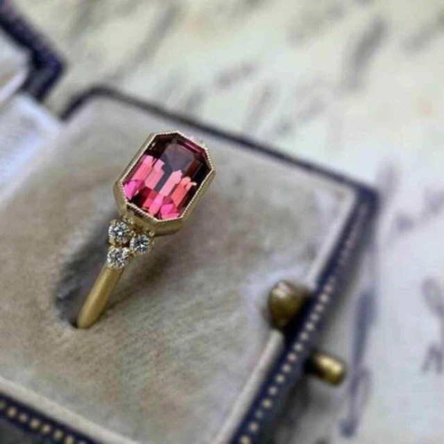 3Ct Emerald Cut Lab Created Pink Tourmaline Wedding Ring 14K Yellow Gold Finish