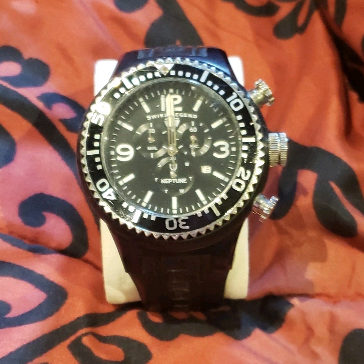 Swiss Legend Neptune Men’s Quartz Chronograph Date Diver, Black Dial Rubber