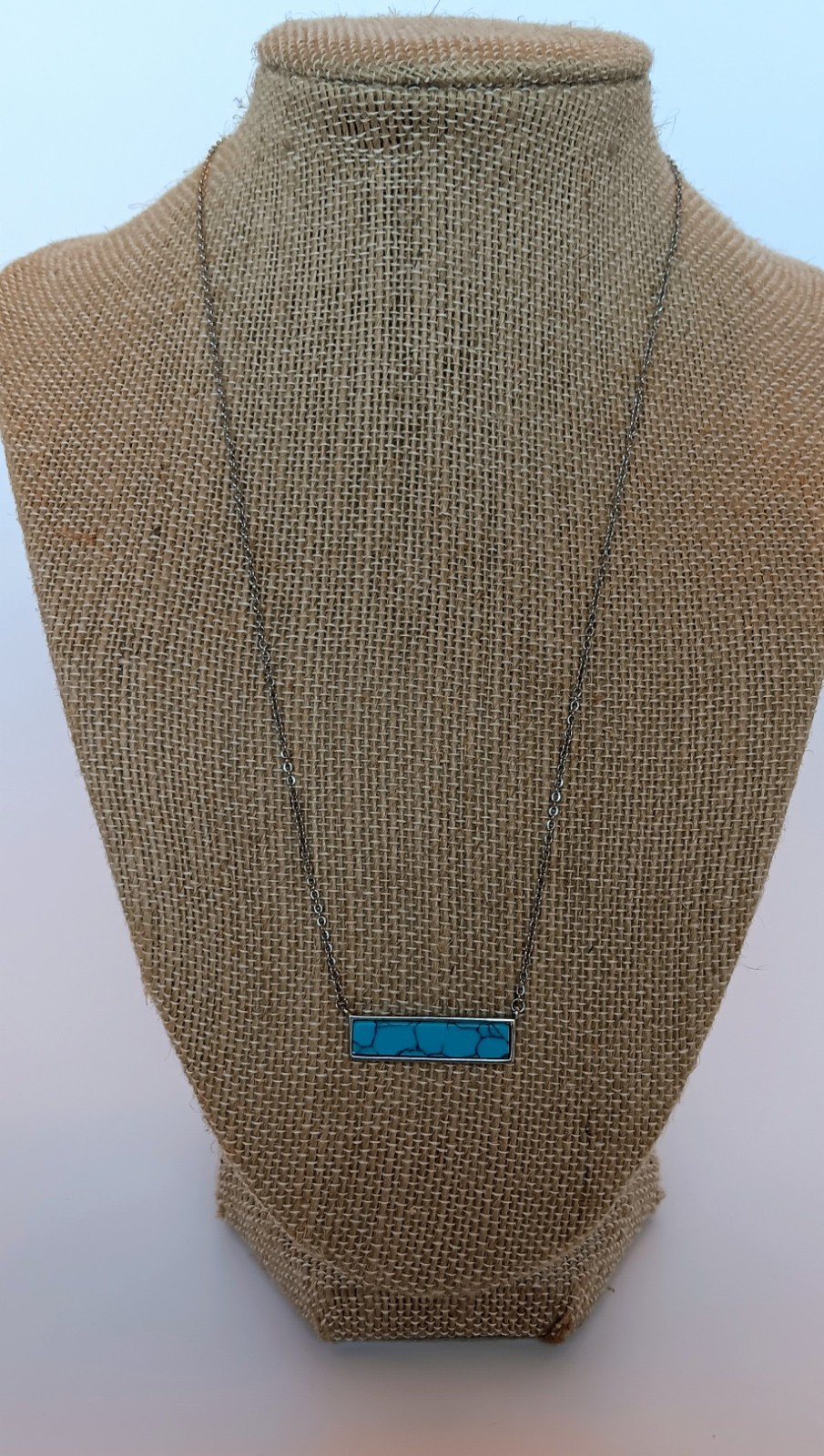 Signed Silvertone Turquoise Dyed Howlite Bar Charm Necklace 18-20 in
