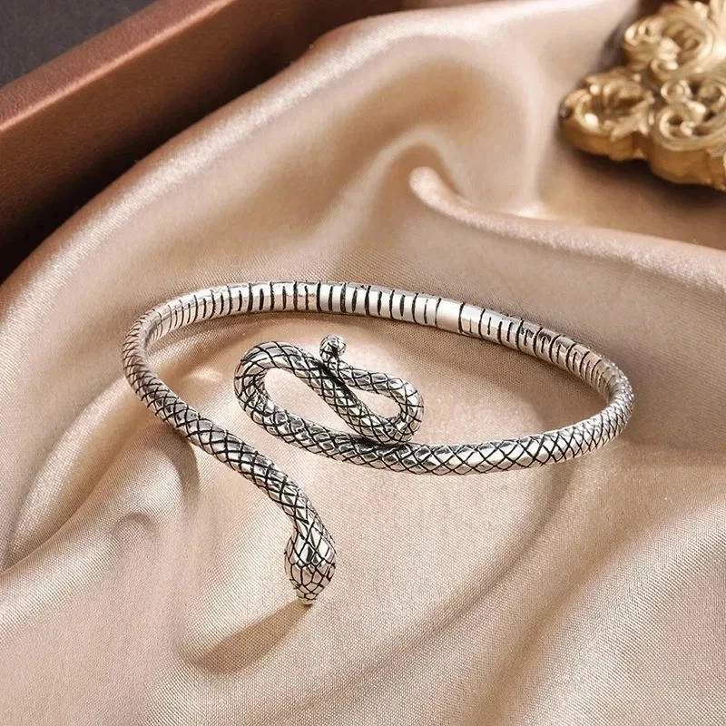 Women Bracelet Retro Snake Punk Elegant 925 Sterling Silver Cuff Vintage Bangle