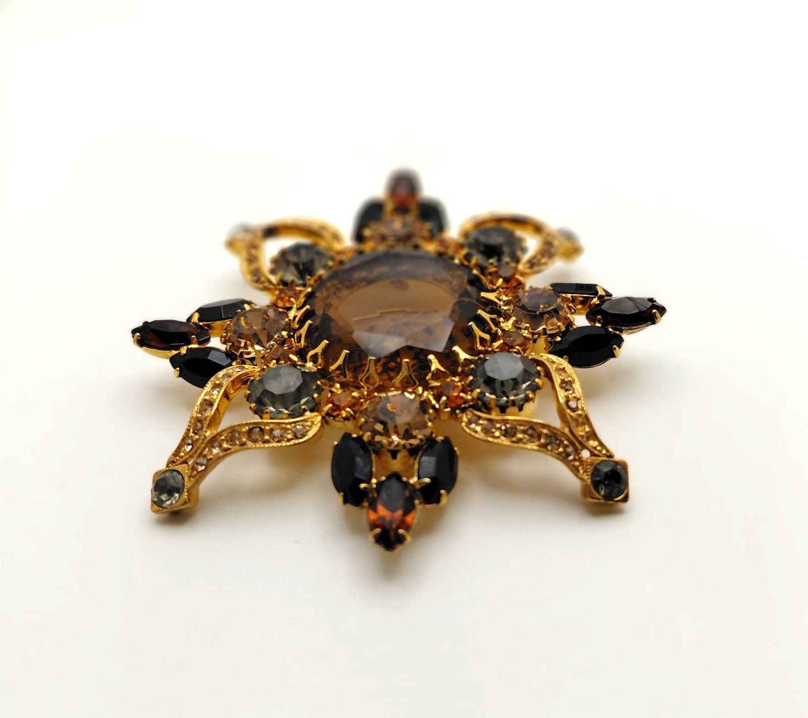 Robert Rose Flower Brooch Multicolor Rhonestones Gold Tone Setting