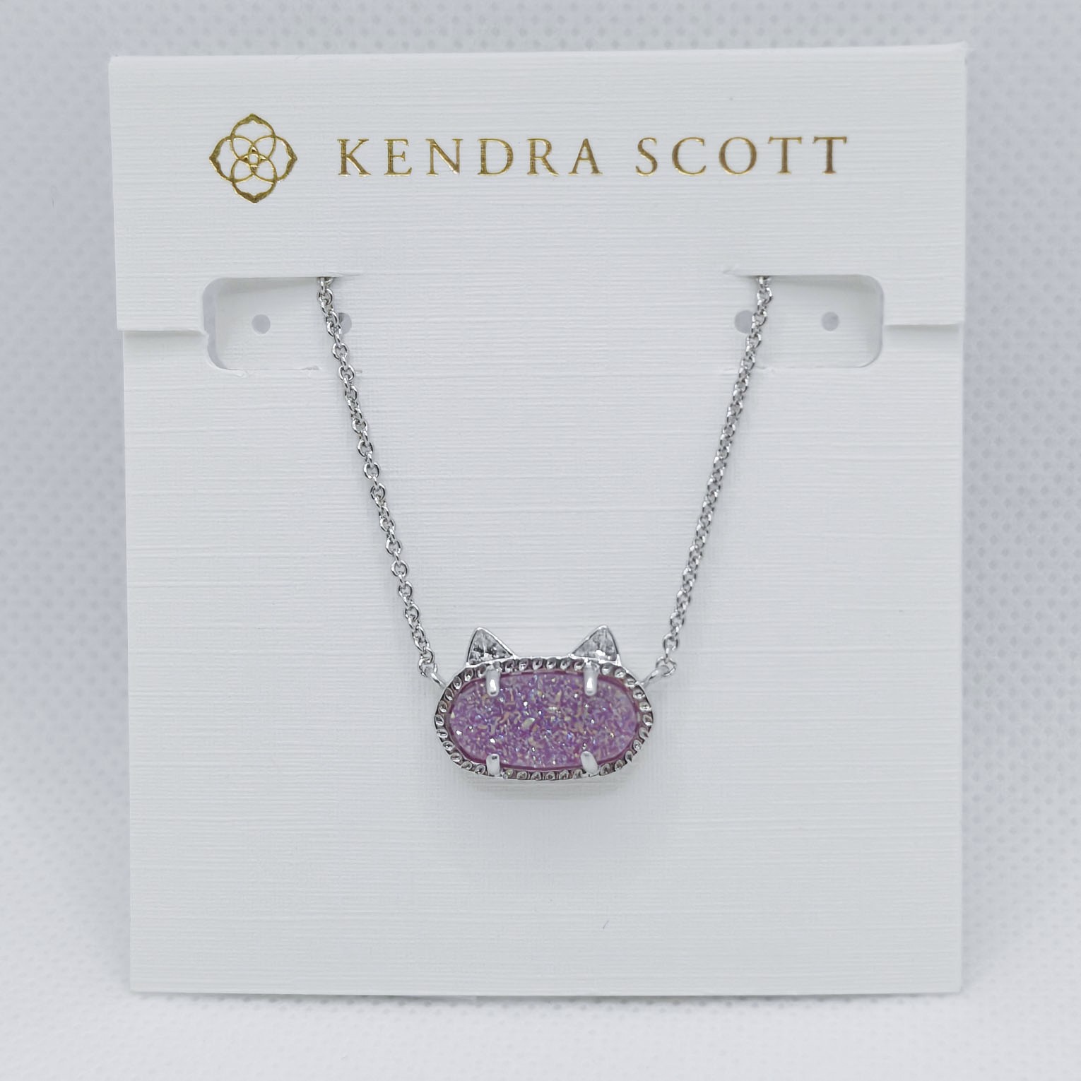 New Kendra Scott Elisa Silver Cat Kitty Pendant Necklace in Purple Drusy