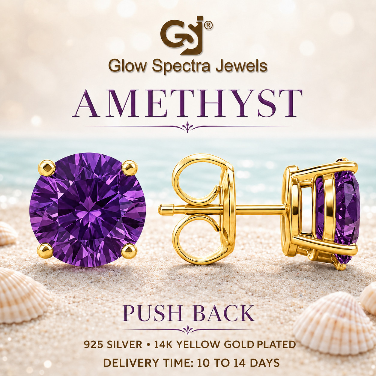 2.00CT Solitaire Purple Amethyst Stud Erring 925 Silver 14k Yellow Gold Plated