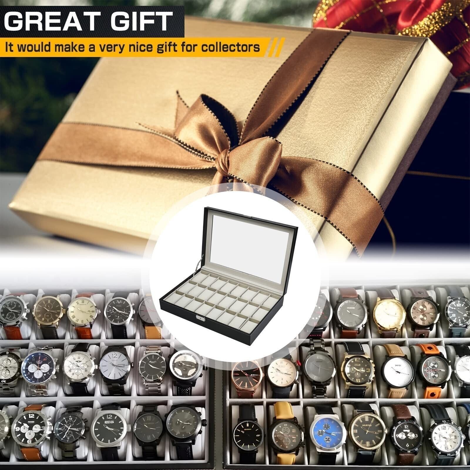 24 Slots Watch Box PU Leather Watch Case Organizer Watch Display Case Lockable ✅