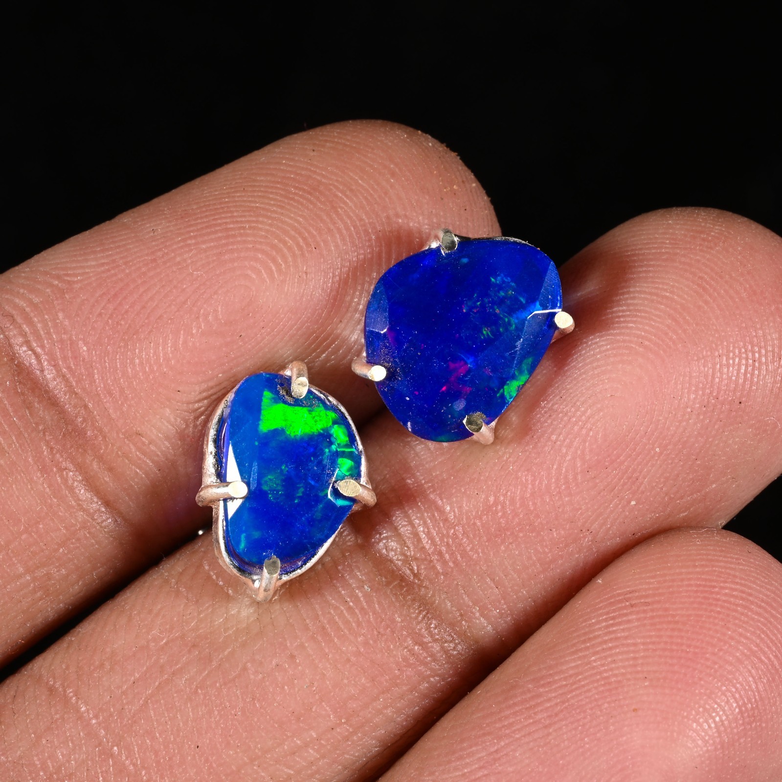 100% Original Fire Opal Blue Gemstone 925 Sterling Silver Women Stud Earrings