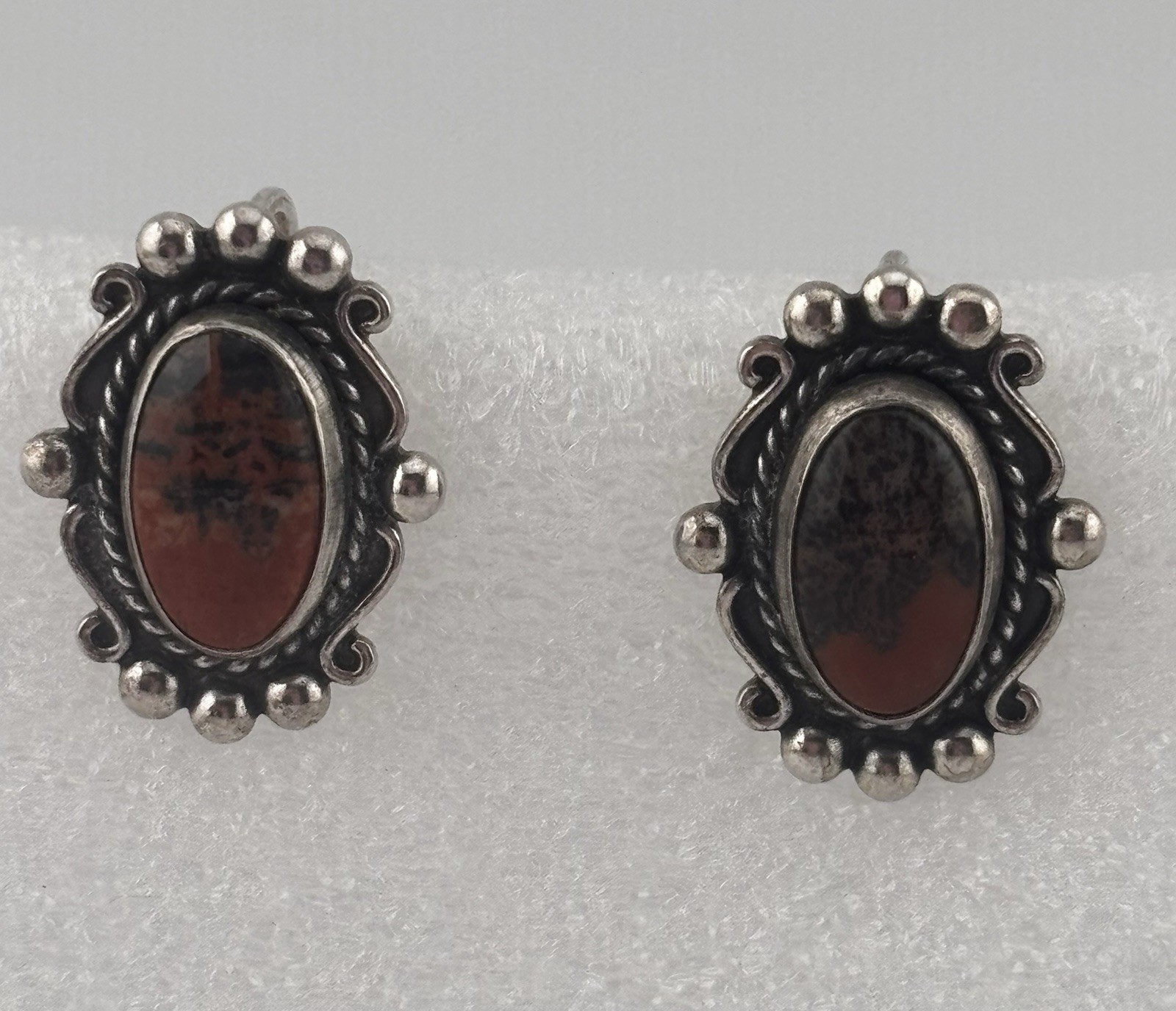 Vintage Scrolled Sterling Silver and Mahogany Obsidian Earrings -Screw Back