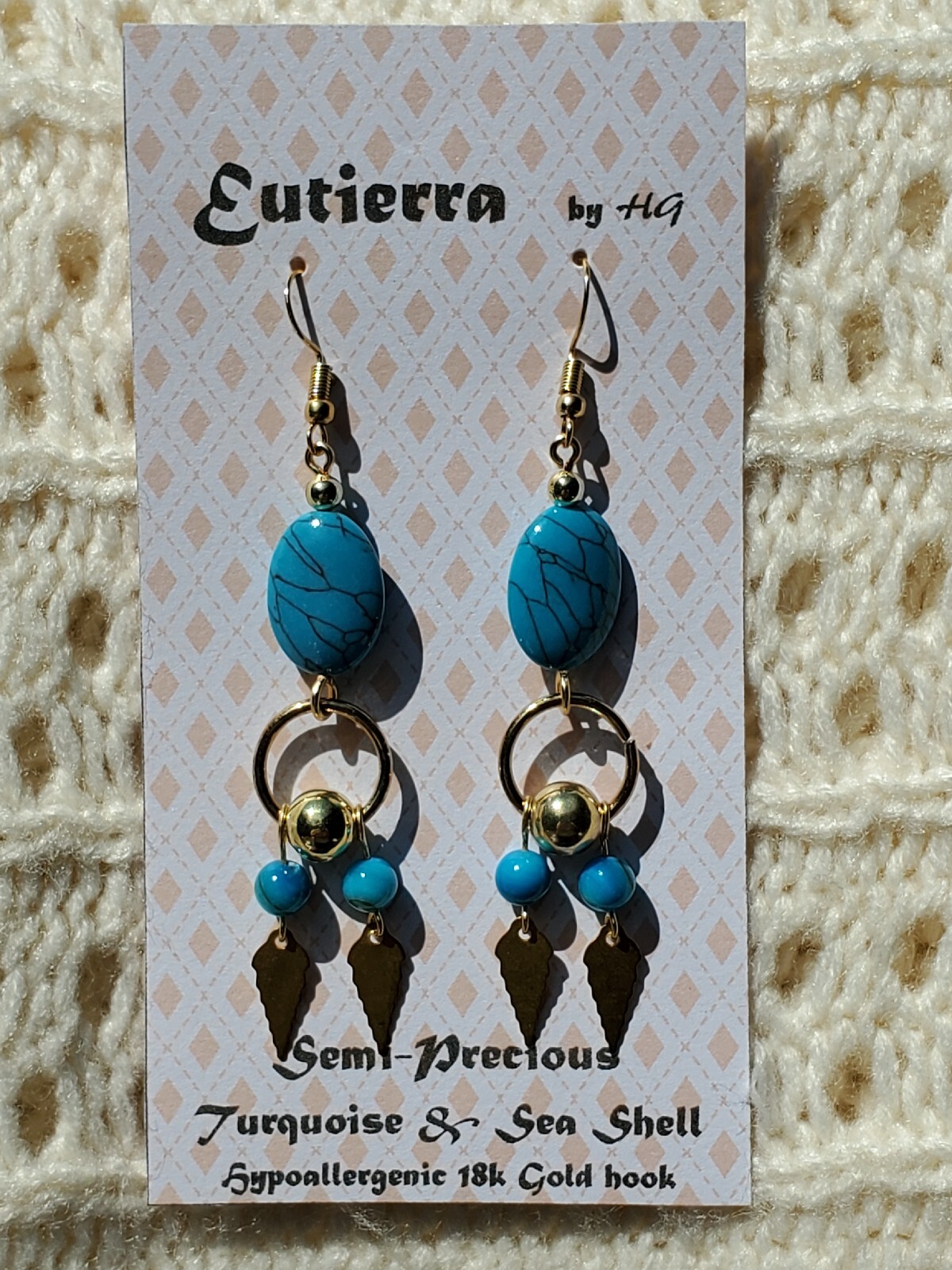 Eutierra Semi-Precious Turquoise & Sea Shell Earrings Hand Crafted In USA 3 1/4″