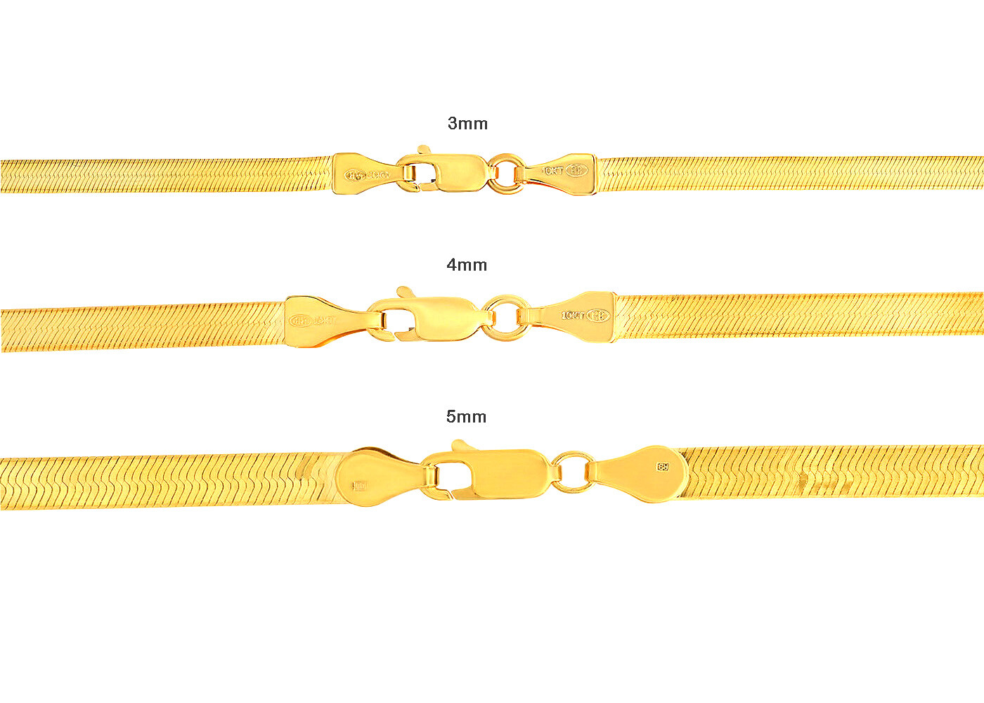 10K Yellow Gold Solid 3mm-5mm High Polish Silk Herringbone Chain Necklace 16-24″