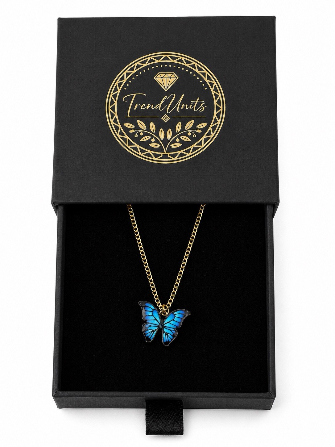Blue Butterfly Pendant Necklace Gold Tone Chain Gift Box Included for Women