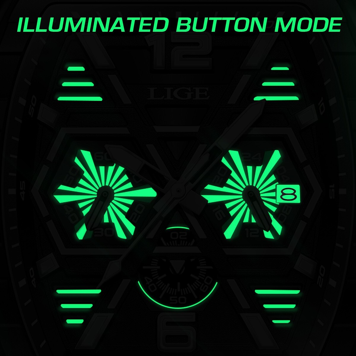 Men Watch Quartz Date Luminous Big Square Dial 5ATM Waterproof Sport Wristwatch