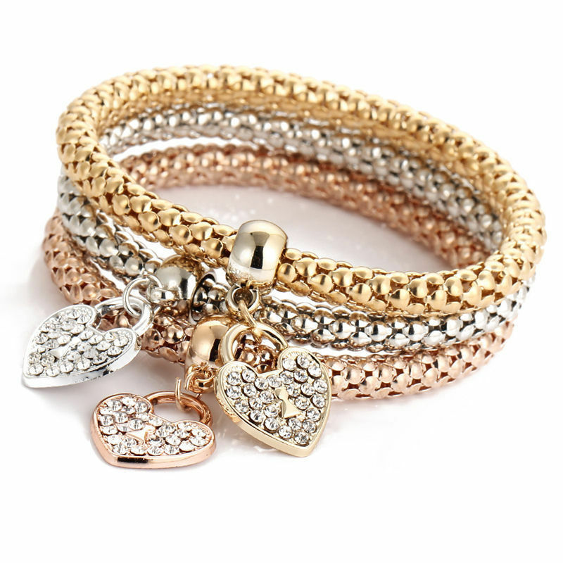 Silver Rose Gold White Topaz Heart Charm New Fashion Bracelet Bangle 3 in 1 Set