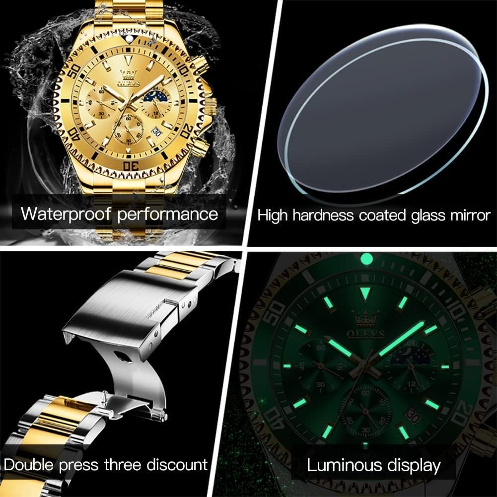 Men’s Fashion Luxury Waterproof Watch – Gold Big Face & Luminous Dial, 30m Depth