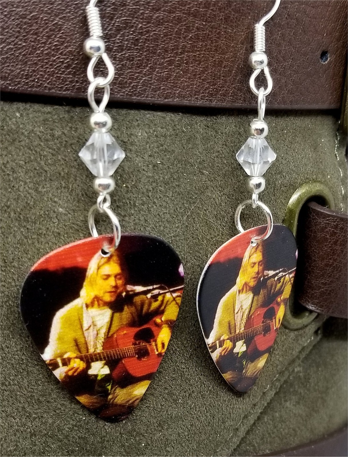 Nirvana Kurt Cobain on Stage Guitar Pick Earrings With Clear Swarovski Crystals