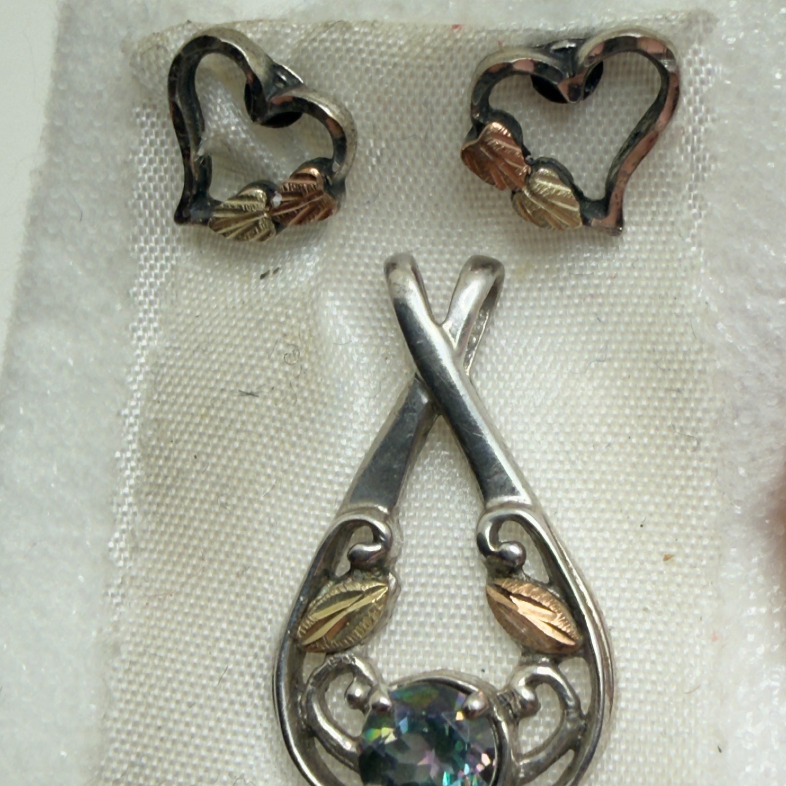 Landstrom’s Black Hills Gold Silver Heart Stud Earrings Mystic Topaz Pendant Set