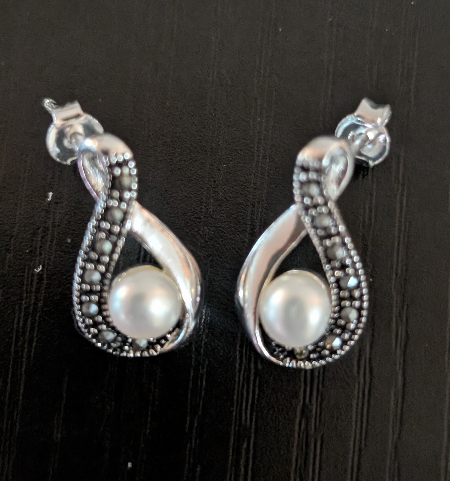 Sparkle Allure Silver Plated Faux Pearl with Swarovski Marcasite Drop Earrings