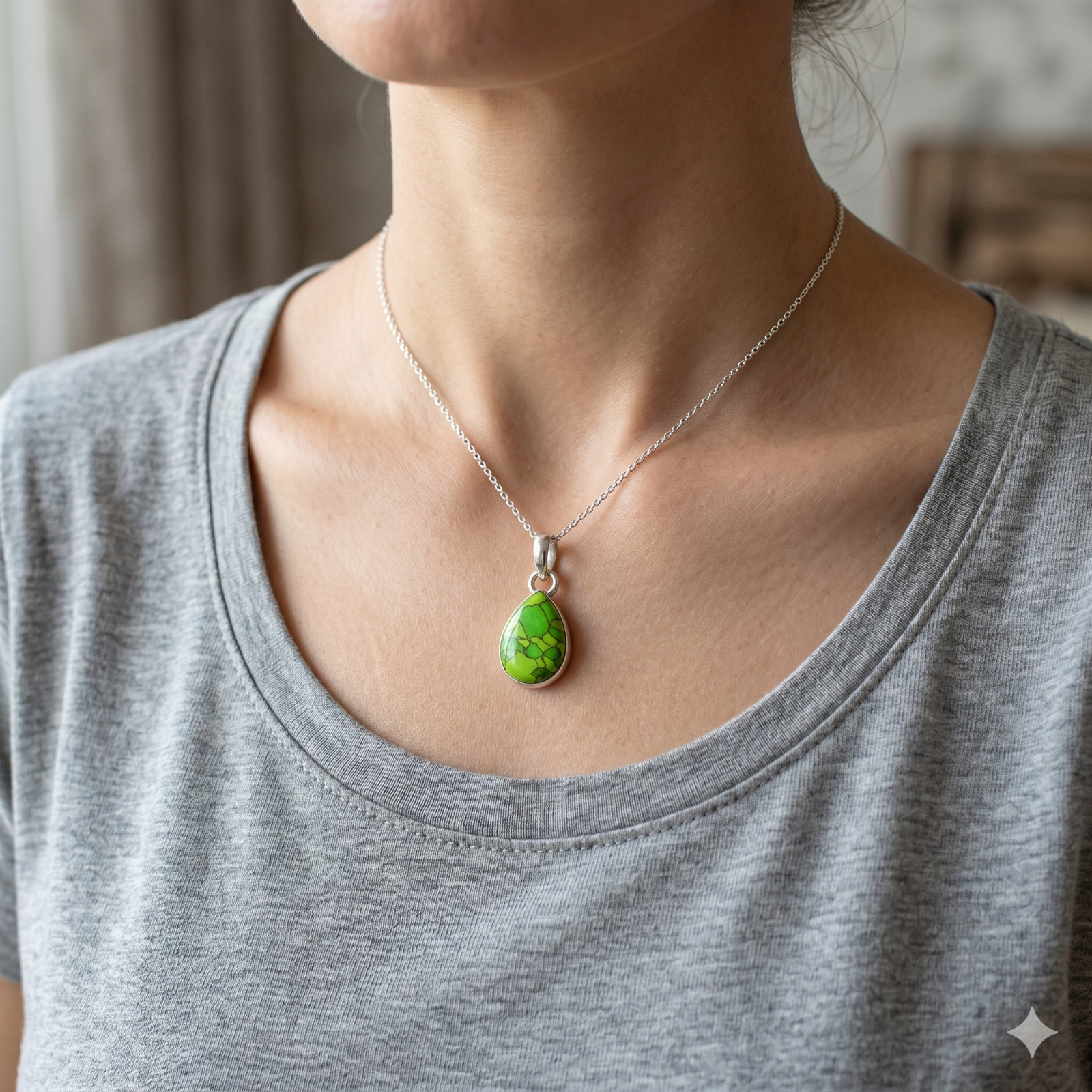 PEAR Natural GREEN COPPER TOURQUISE Birthday Pendant Jewelry 925 Sterling Silver