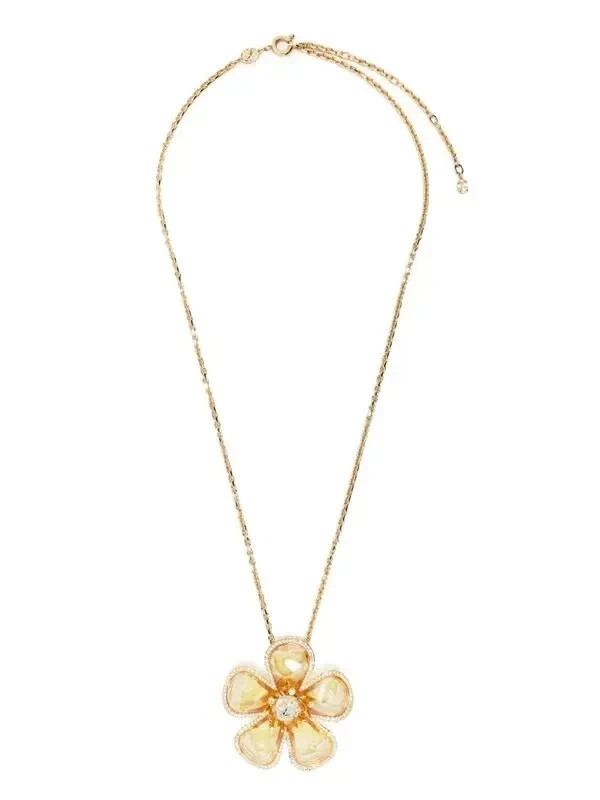 Swarovski Gold Tone Flower Pendant Necklace Yellow Crystal Florere Long Chain